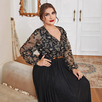 Muslim Plus Size Dress – Elegant V-Neck Black Panel Gown - HAIELIN