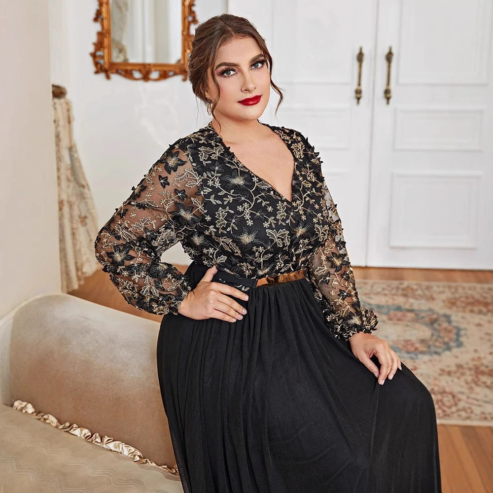 Muslim Plus Size Dress – Elegant V-Neck Black Panel Gown - HAIELIN