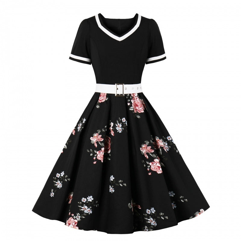 French Vintage V-Neck Hepburn Swing Dress Haielin