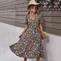 Printed Floral Waist Dress – V-Neck Swing Mid Dress Haielin