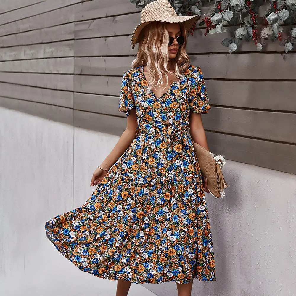 Printed Floral Waist Dress – V-Neck Swing Mid Dress Haielin