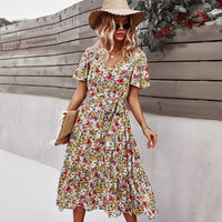 Printed Floral Waist Dress – V-Neck Swing Mid Dress Haielin