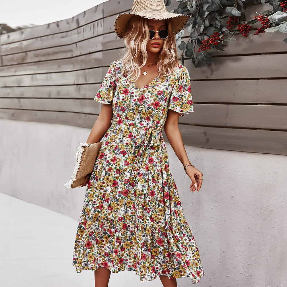 Printed Floral Waist Dress – V-Neck Swing Mid Dress Haielin
