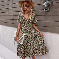 Printed Floral Waist Dress – V-Neck Swing Mid Dress Haielin