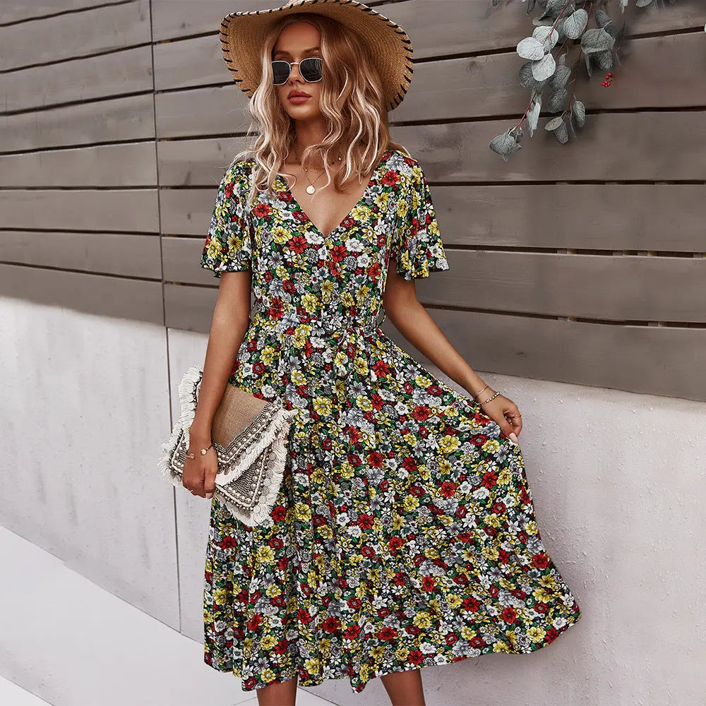 Printed Floral Waist Dress – V-Neck Swing Mid Dress Haielin