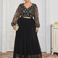 Muslim Plus Size Dress – Elegant V-Neck Black Panel Gown - HAIELIN