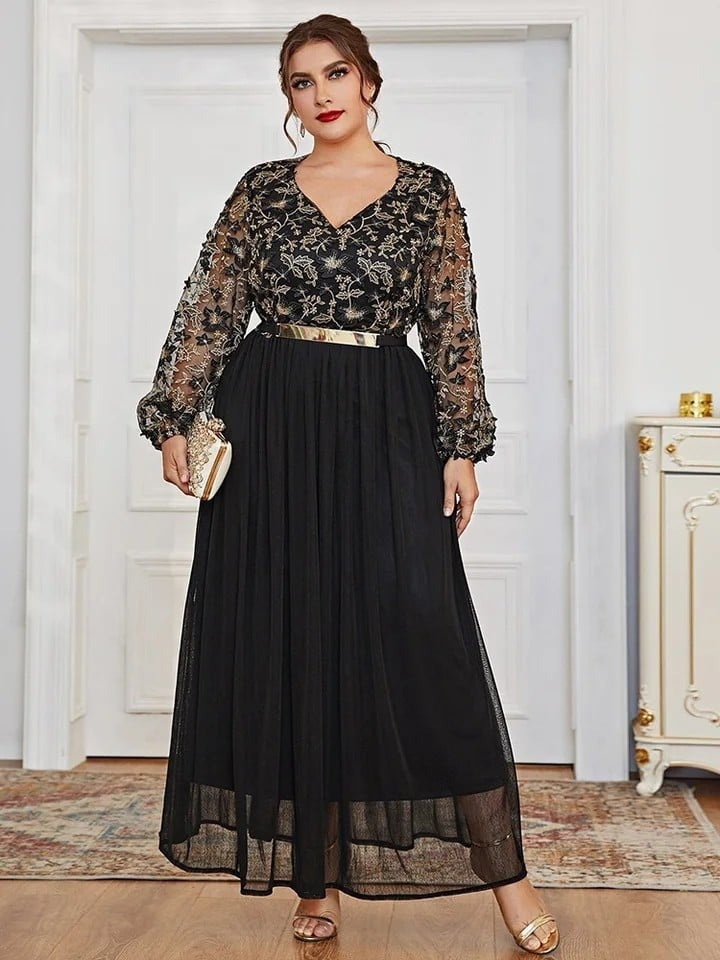 Muslim Plus Size Dress – Elegant V-Neck Black Panel Gown - HAIELIN