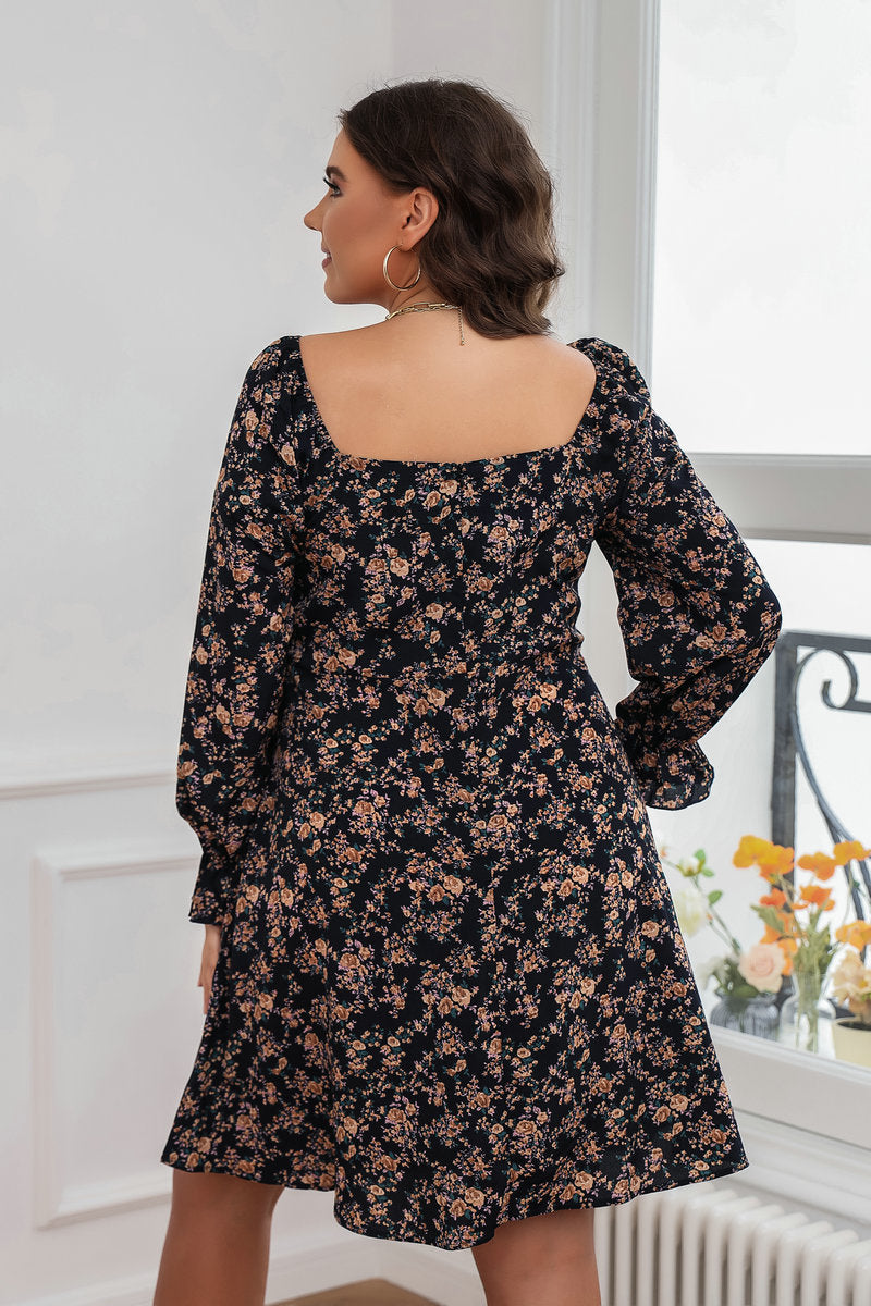 Floral Pleated Lace-Up Dress-Elegant Long Sleeve Design Haielin