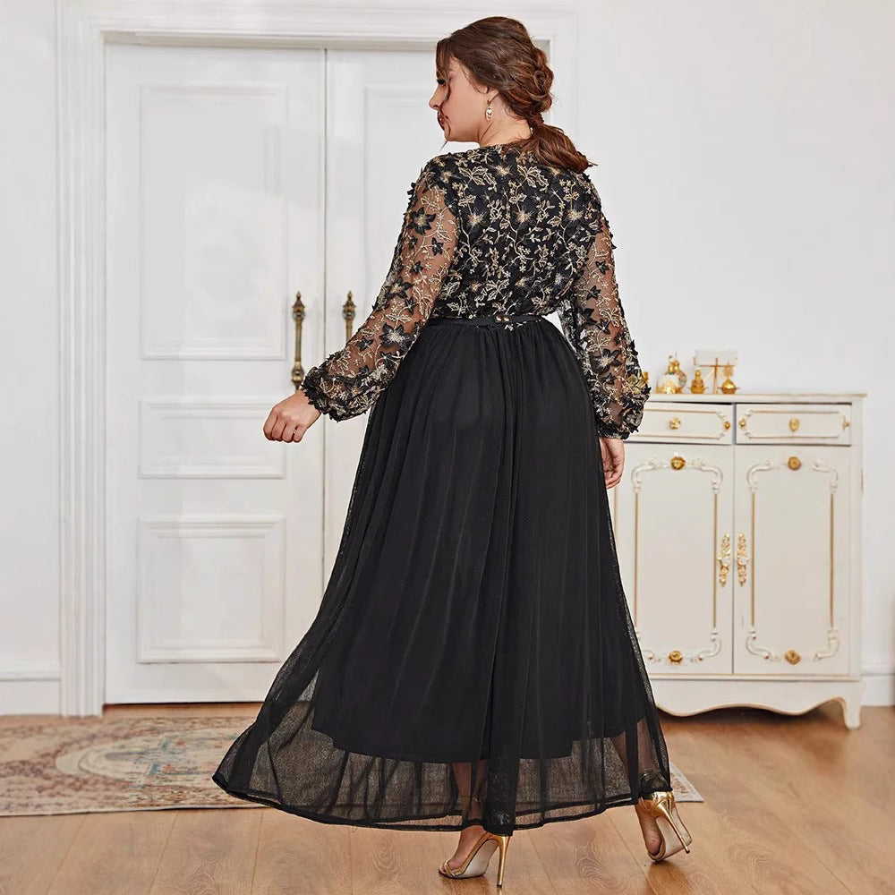 Muslim Plus Size Dress – Elegant V-Neck Black Panel Gown - HAIELIN