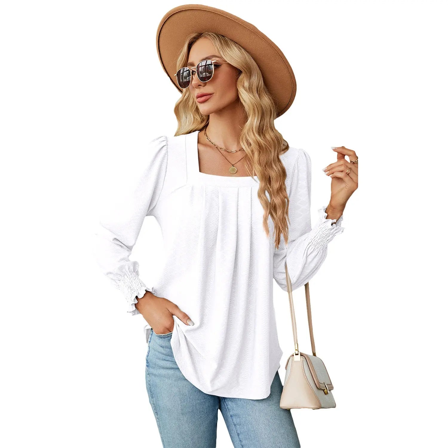 Jacquard Pleated Square Neck Top – Long Sleeve Solid Color Haielin