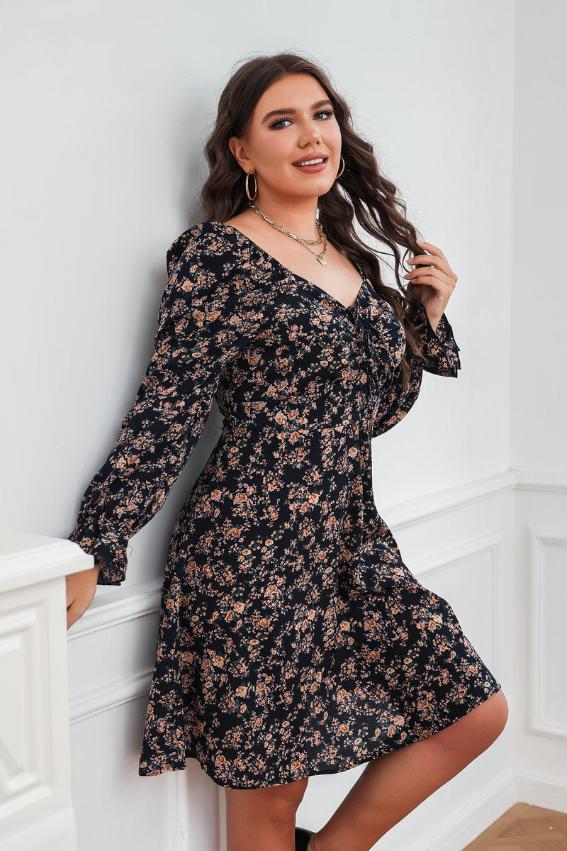 Floral Pleated Lace-Up Dress-Elegant Long Sleeve Design Haielin