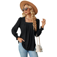 Jacquard Pleated Square Neck Top – Long Sleeve Solid Color Haielin