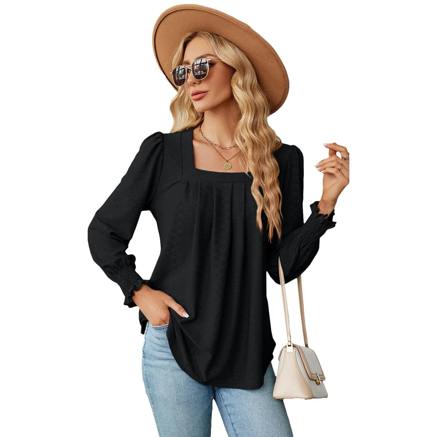 Jacquard Pleated Square Neck Top – Long Sleeve Solid Color Haielin