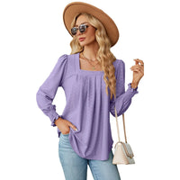 Jacquard Pleated Square Neck Top – Long Sleeve Solid Color Haielin