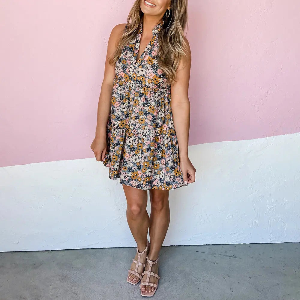 Floral V-Neck Sleeveless Dress – Elegant Summer Style Haielin