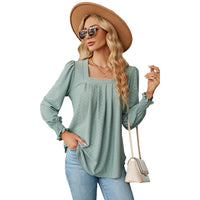 Jacquard Pleated Square Neck Top – Long Sleeve Solid Color Haielin
