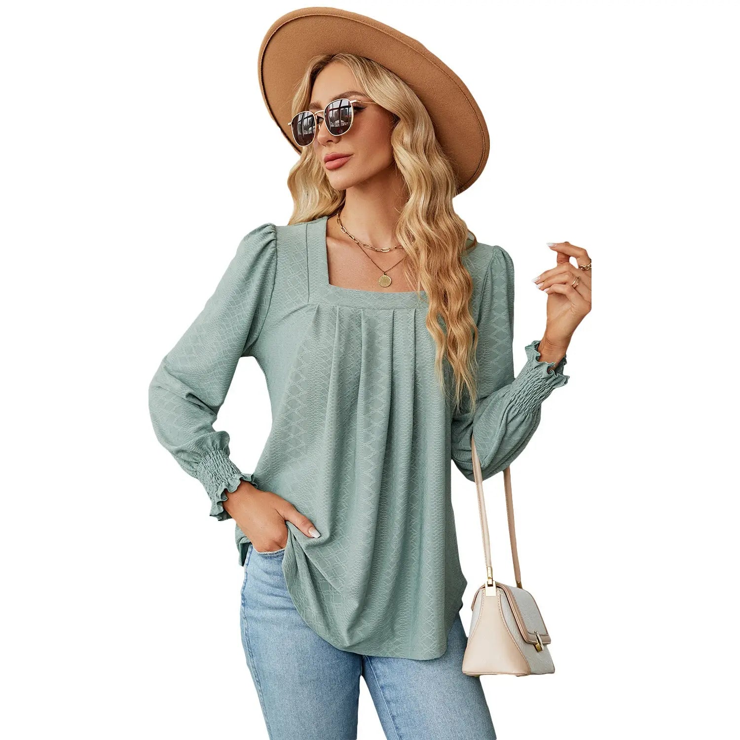 Jacquard Pleated Square Neck Top – Long Sleeve Solid Color Haielin