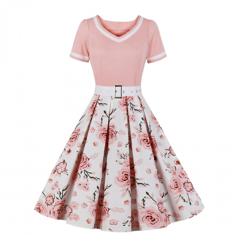 French Vintage V-Neck Hepburn Swing Dress Haielin