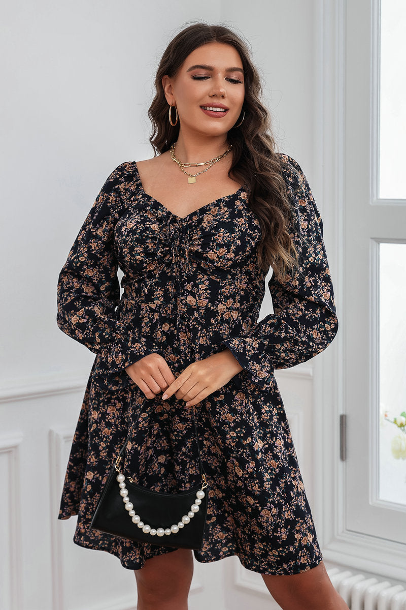Floral Pleated Lace-Up Dress-Elegant Long Sleeve Design Haielin