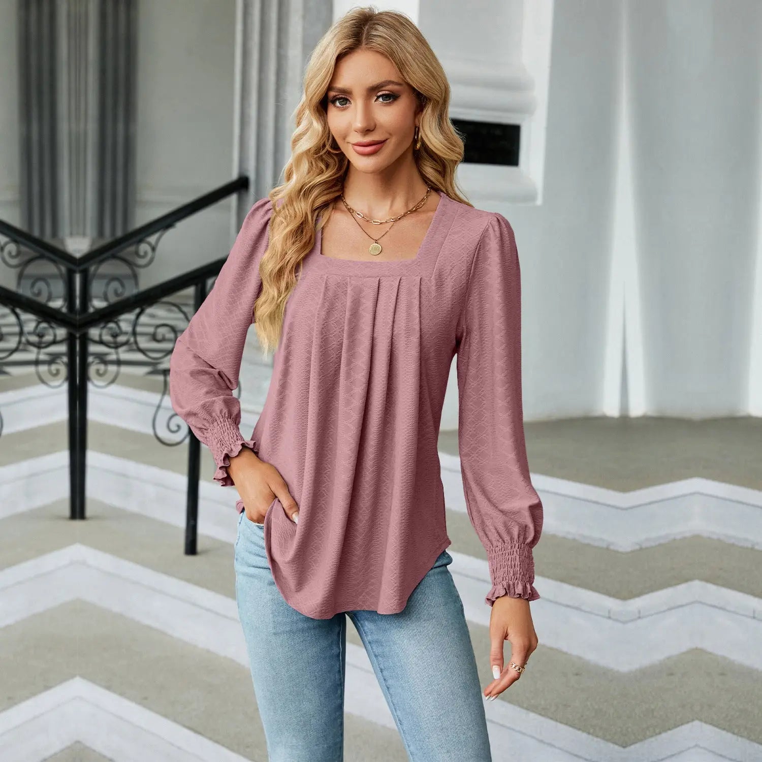 Jacquard Pleated Square Neck Top – Long Sleeve Solid Color Haielin