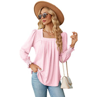 Jacquard Pleated Square Neck Top – Long Sleeve Solid Color Haielin