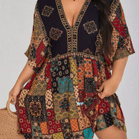 Plus Size Floral Print Dress-Casual Short Sleeve V Neck Haielin