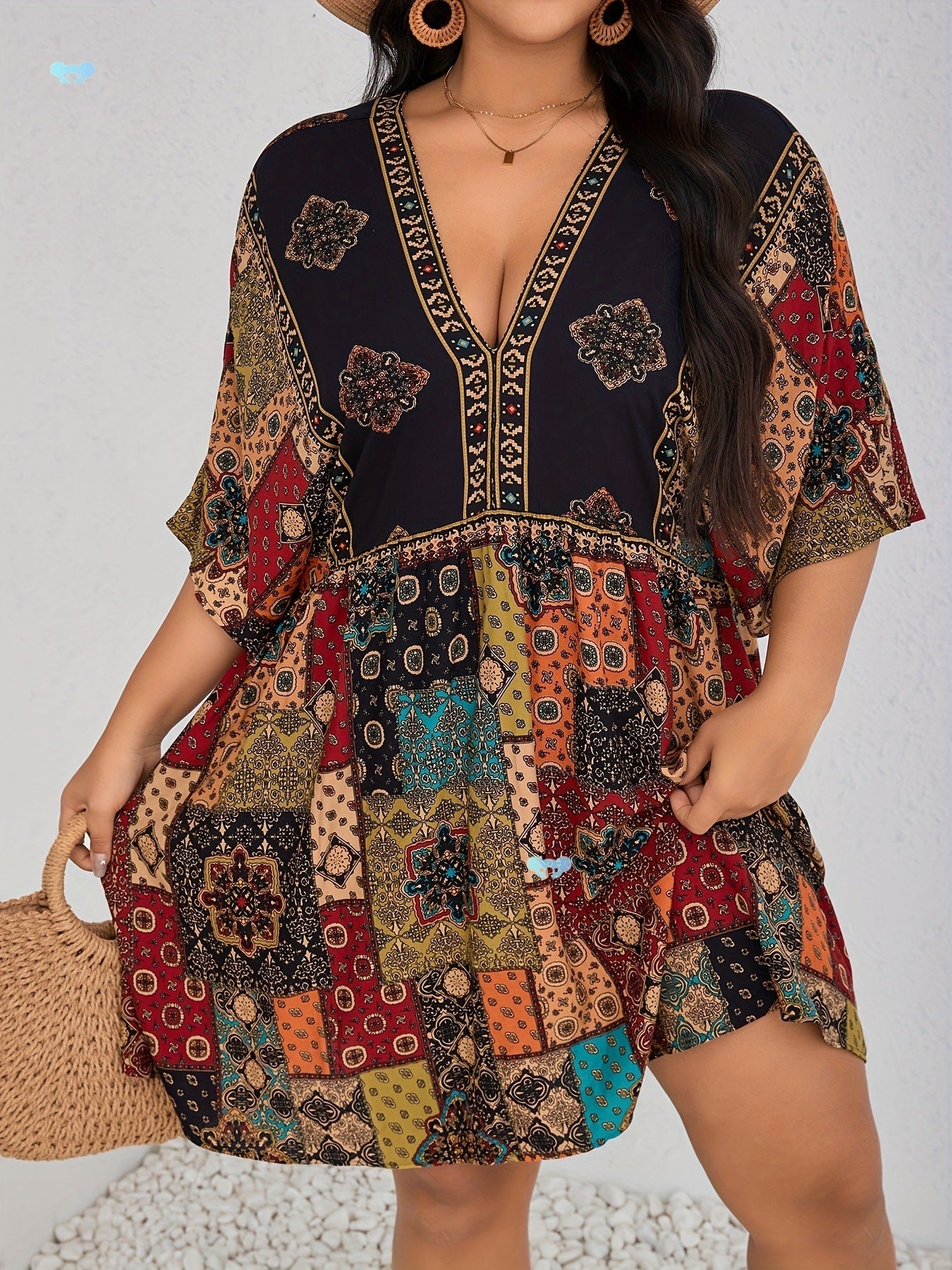Plus Size Floral Print Dress-Casual Short Sleeve V Neck Haielin