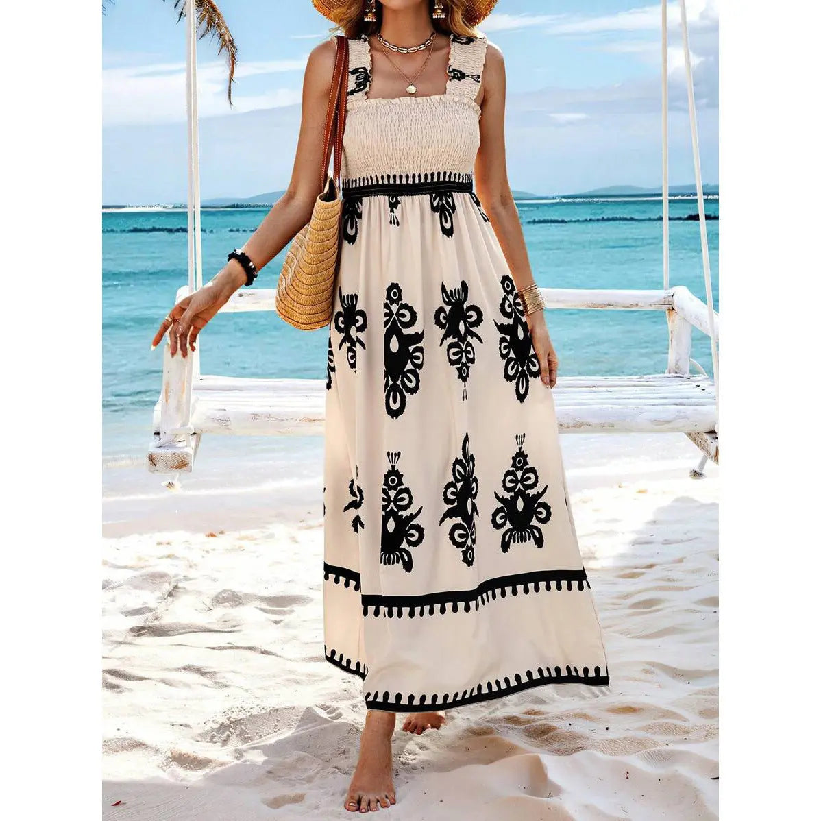 Holiday Printed Mid-Length Dress – Elegant Front Cross Haielin