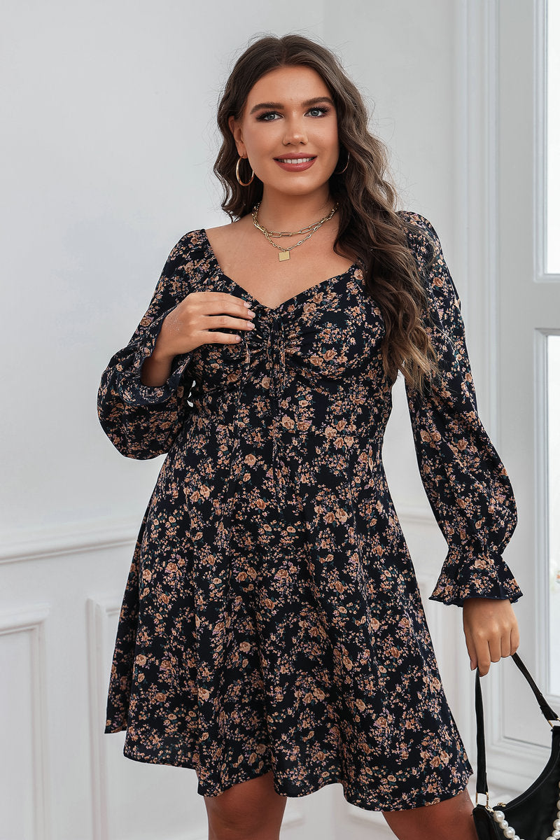 Floral Pleated Lace-Up Dress-Elegant Long Sleeve Design Haielin