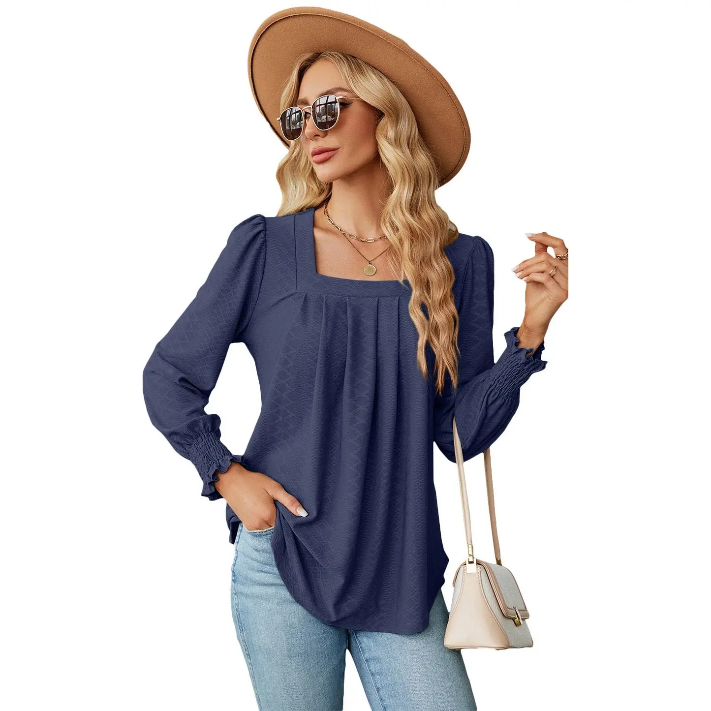Jacquard Pleated Square Neck Top – Long Sleeve Solid Color Haielin