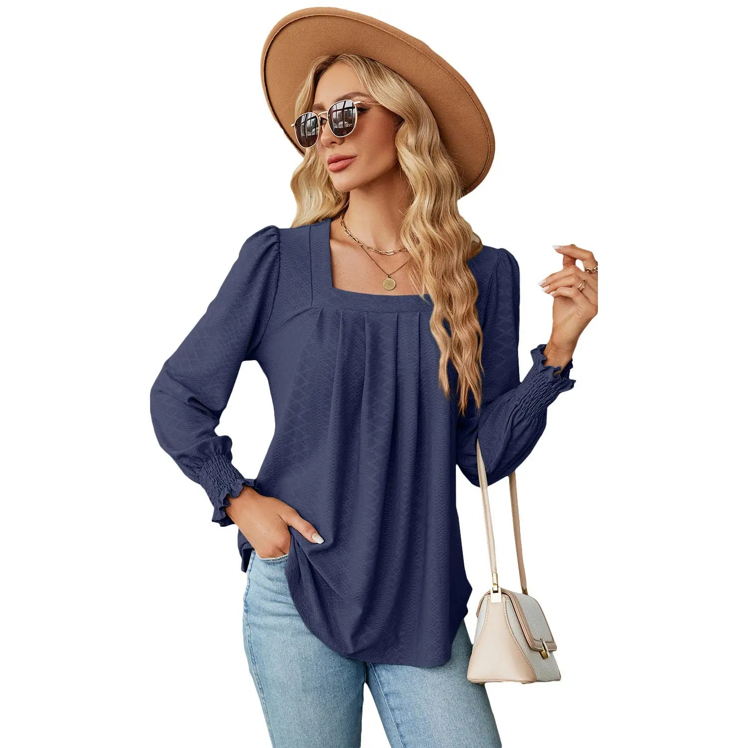 Jacquard Pleated Square Neck Top – Long Sleeve Solid Color Haielin