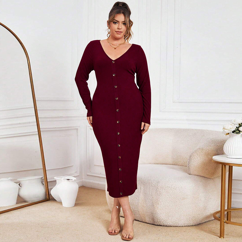 Slim Fit Long Dress for Women – V-Neck Elegant Knitwear Style Haielin