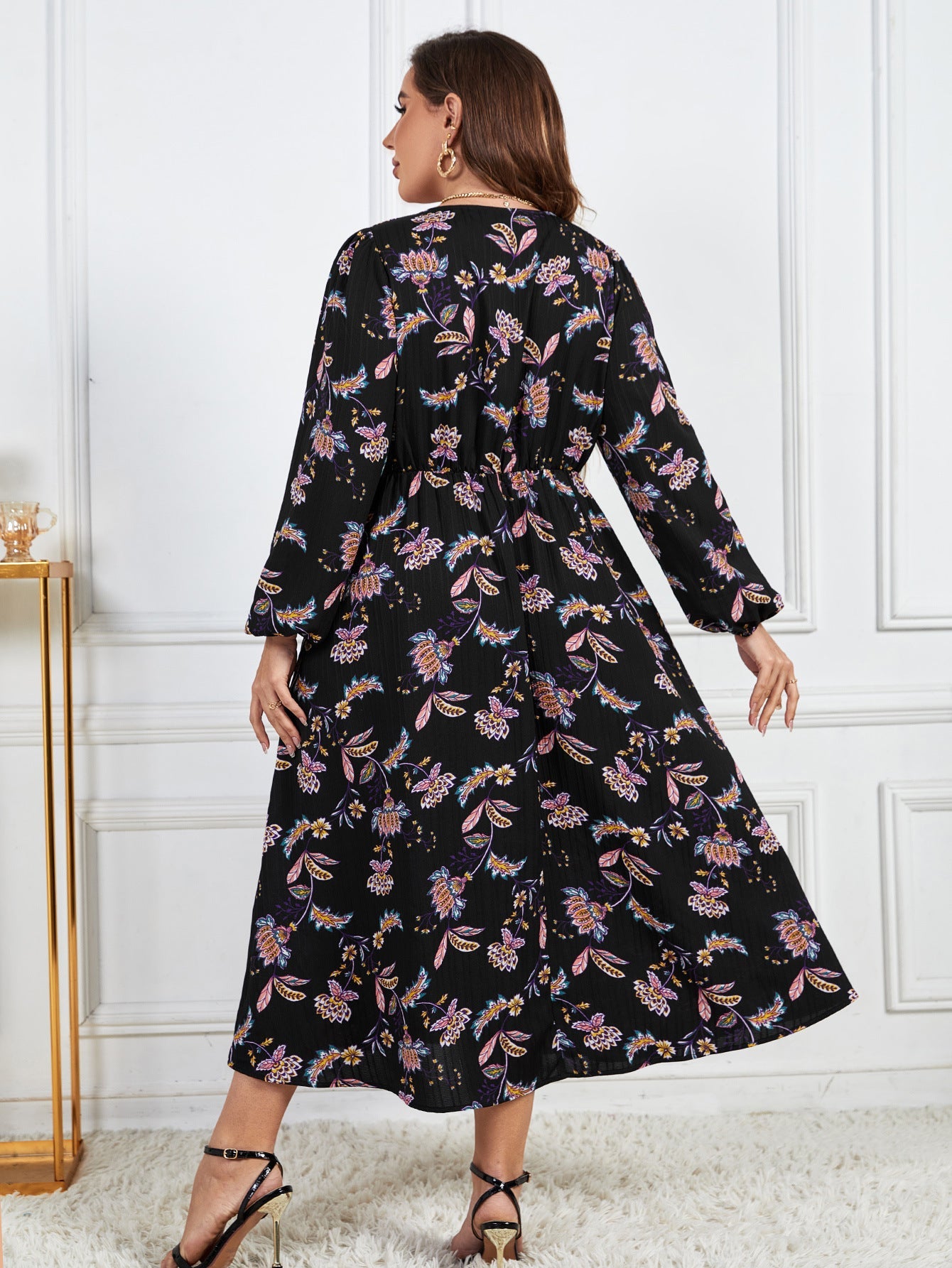 Printed Loose Floral Dress-High Waist Slimming Long Sleeve Haielin