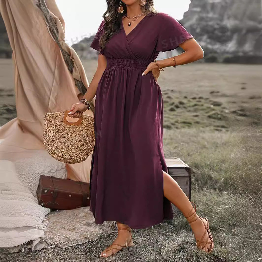 V-Neck Long Dress – Elegant Bell Sleeve Slim Fit Haielin