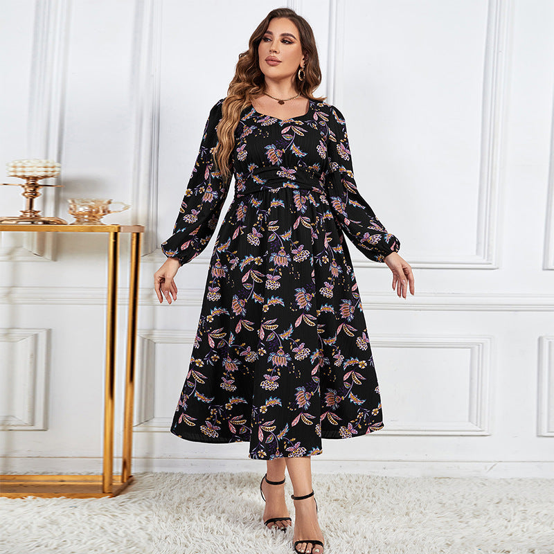 Printed Loose Floral Dress-High Waist Slimming Long Sleeve Haielin