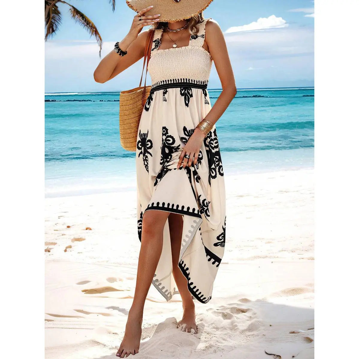 Holiday Printed Mid-Length Dress – Elegant Front Cross Haielin