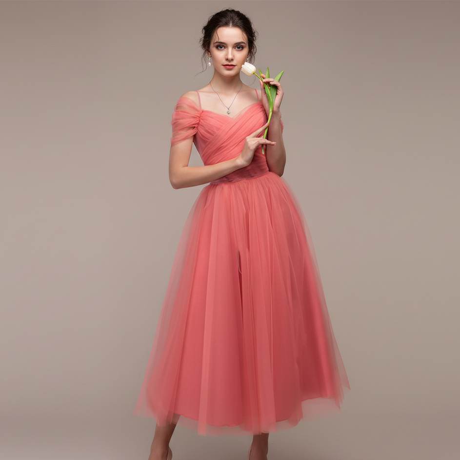 Woman in a pink dress holding a white tulip against a beige background