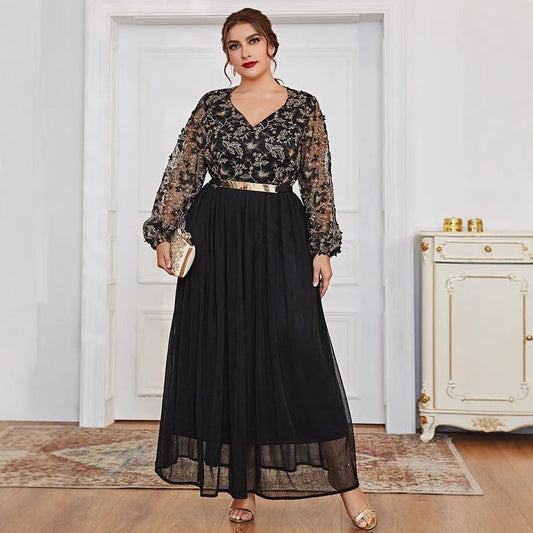 Muslim Plus Size Dress – Elegant V-Neck Black Panel Gown - HAIELIN
