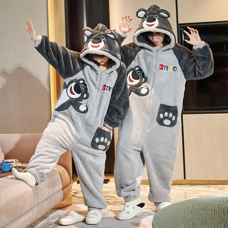Couple Pajamas Dinosaur One-Piece Winter Homewear Set Haielin