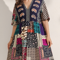 Plus Size Floral Print Dress-Casual Short Sleeve V Neck Haielin