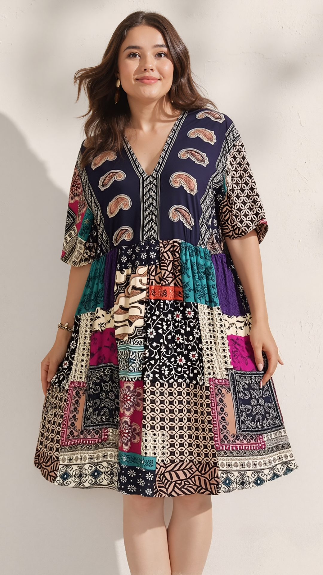 Plus Size Floral Print Dress-Casual Short Sleeve V Neck Haielin