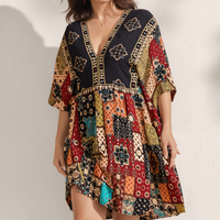 Plus Size Floral Print Dress-Casual Short Sleeve V Neck Haielin