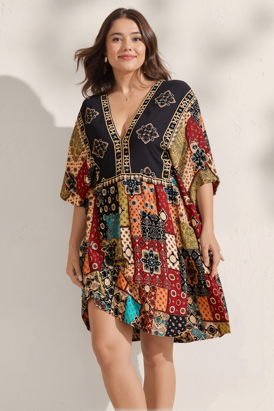 Plus Size Floral Print Dress-Casual Short Sleeve V Neck Haielin