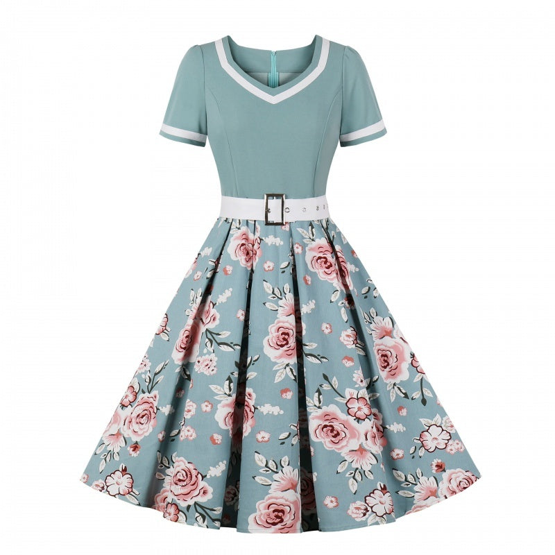 “V-neck Print Stitching Vintage Dress”