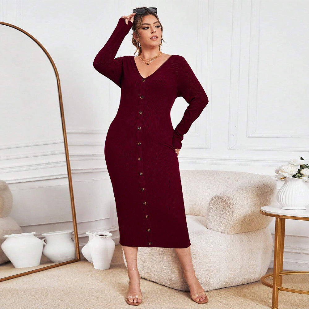 Wine Red Slim Fit Long Dress with V-Neck Knitwear
