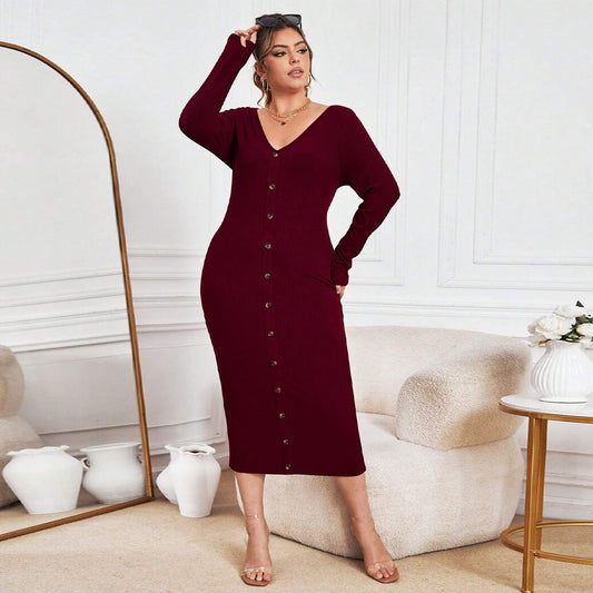 Wine Red Slim Fit Long Dress with V-Neck Knitwear