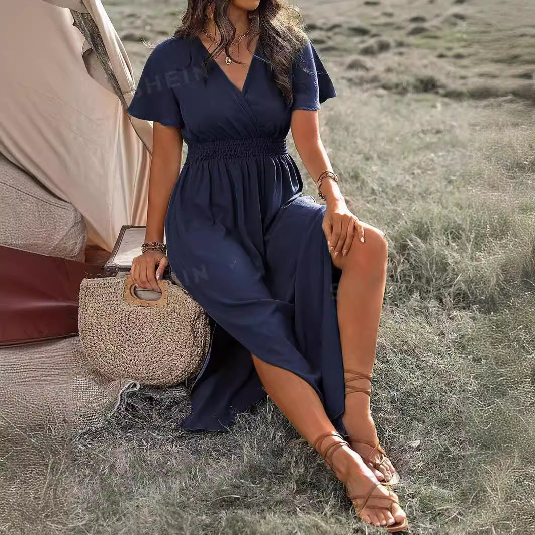 V-Neck Long Dress – Elegant Bell Sleeve Slim Fit Haielin