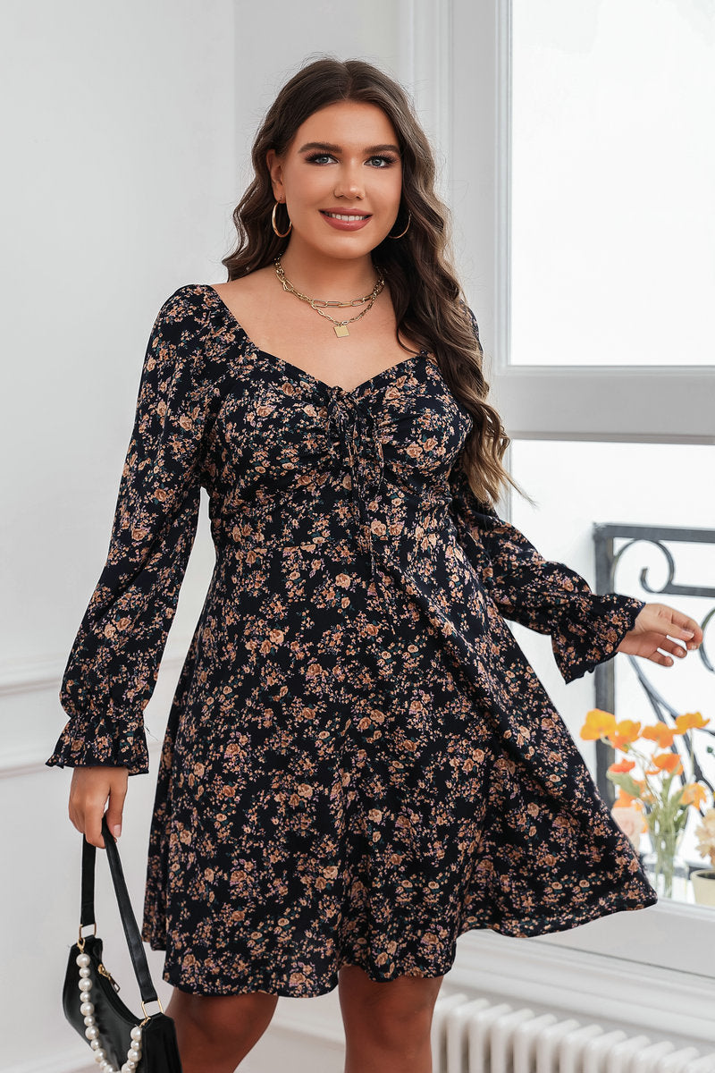 black floral pleated lace-up dress front view