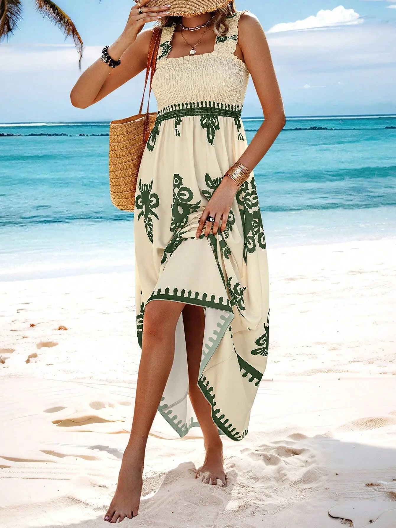 Holiday Printed Mid-Length Dress – Elegant Front Cross Haielin