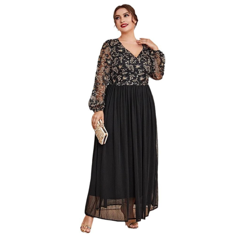 Muslim Plus Size Dress – Elegant V-Neck Black Panel Gown - HAIELIN